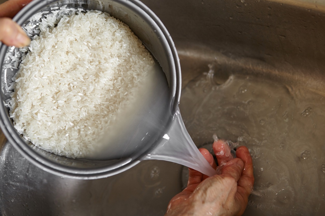 Rinse the white rice in the pan before cooking it