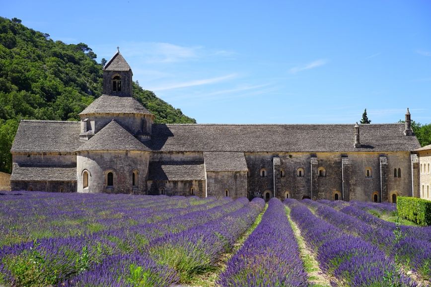 Abbey-of-Mont-Saint-Michel-monastery-lavender-flowers-tourist-attractions